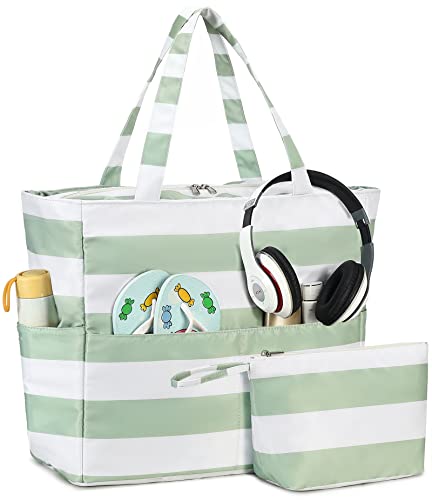 LOIDOU Große Strandtasche, wasserdicht, sanddicht, Strand-Pooltasche mit Reißverschluss und nassen Taschen, Schultertasche, Reisetasche, Lehrer, Lebensmittel, Salbeigrün, Large von LOIDOU