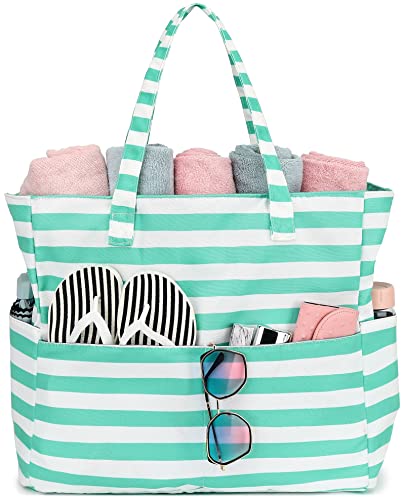 LOIDOU Große Strandtasche Damen Tote Bag mit Reißverschluss taschen Wasserdichte Sanddichte Pool Taschen Gym Schwimmbad mit nassem Fach Reise Carry On Frauen (2cm-Grüner Weißer Streifen) von LOIDOU