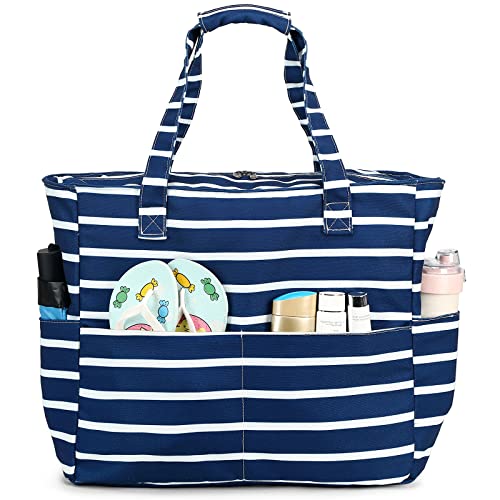 LOIDOU Große Strandtasche Damen Tote Bag mit Reißverschluss taschen Wasserdichte Sanddichte Pool Taschen Gym Schwimmbad mit nassem Fach Reise Carry On Frauen (3cm+1cm-Blauer Weißer Streifen) von LOIDOU