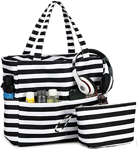 LOIDOU Große Strandtasche Damen Tote Bag mit Reißverschluss taschen Wasserdichte Sanddichte Pool Taschen Gym Schwimmbad mit nassem Fach Reise Carry On Frauen (Schwarz und Weiß) von LOIDOU