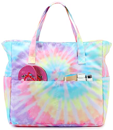 LOIDOU Große Strandtasche Damen Tote Bag mit Reißverschluss taschen Wasserdichte Sanddichte Pool Taschen Gym Schwimmbad mit nassem Fach Reise Carry On Frauen (Tie Dye Pink) von LOIDOU