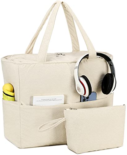 LOIDOU Große Tragetasche Strandtasche Wasserdicht Sanddicht Beach Pool Tasche mit Reißverschluss & Feuchttaschen Schultertasche Reise Lehrer Lebensmittel, Cord, beige, Large von LOIDOU