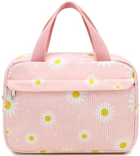 LOIDOU Kosmetiktasche für Damen und Mädchen, Cord-Make-up-Tasche für Geldbörse, Make-up-Organizer, Tasche, Reißverschluss, Aufbewahrungstasche, Reiseutensilien, Weiße Gänseblümchen, Rosa von LOIDOU