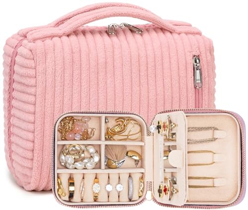 LOIDOU Reise-Make-up-Tasche, Schmuckkoffer-Set, tragbare Kordsamt, Kosmetiktasche, Schmuckkästchen, Organizer für Damen und Mädchen, 2 x rosa Samt-Rosa von LOIDOU