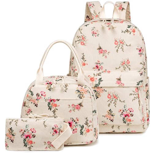 LOIDOU Rucksack für Teenager Mädchen Bookbags Kinderrucksack Kinder Schulrucksack mit Lunchpaket Federmäppchen Schulranzen Set für Schule (Pink Flower beige) von LOIDOU