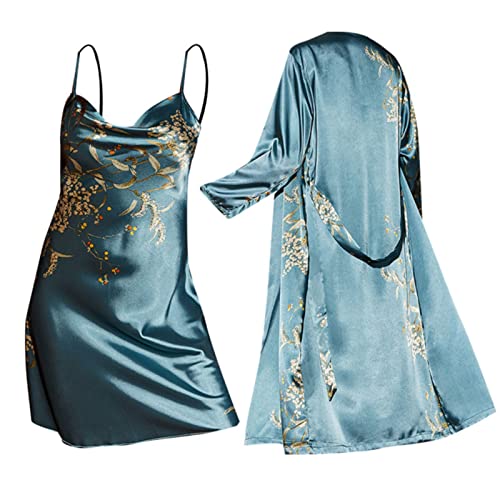 Bademantel Damen Leicht Satin Damen Zweiteiliger Nachtwäsche Set Kimono Morgenmantel Mit Spaghettiträger Nachtkleid Kurz Hochzeit Negligees Hausmantel Schlafanzug Set Damen Satin Mit Morgenmantel von LOIJMK