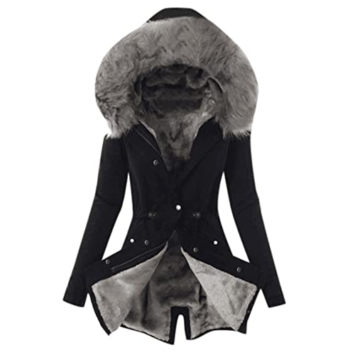 Baumwollmantel Damen Wintermantel Winterjacke Plüsch Gefütterte Coat mit Fellkapuze Lässig Schlanke Fleece Dicke Daunenjacke Damenmantel Herbst Winter Übergangsjacke für Frauen von LOIJMK