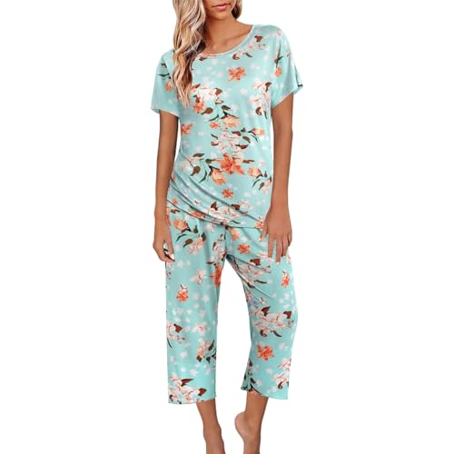 Blumen Zweiteiliger Set Weich Sleepwear Mit Taschen Leichte Hausanzug Elegante Nachtwäsche Baumwolle Pyjamahose Freizeitanzug Pyjamaset Schlafanzug Damen Kurz-Kurzarm-Top Und 3/4 Lange Hose Pyjama von LOIJMK