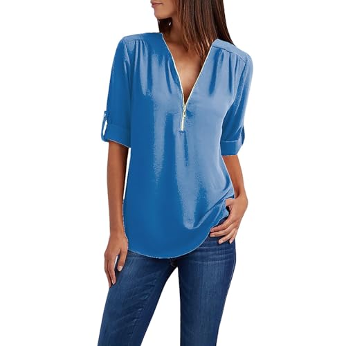 Damen Chiffon Tank Tops Für Sommer, Sweatshirt Mit Reißverschluss, Damenblusen Elegant T-Shirt Leicht V Ausschnitt Freizeitbluse Basic Blusentops Locker Kurzarm Tanktop Sommertops,Chiffon Bluse von LOIJMK