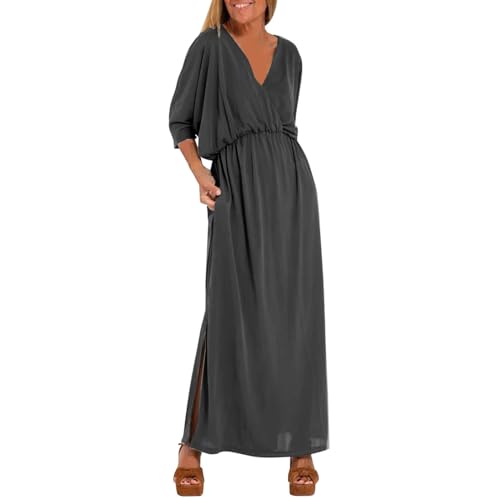 Damen Freizeitkleider Sommerkleid, Locker Kleider Damen Halbe Ärmel Summer Dress mit Schlitz Damenkleider Elegant V-Ausschnitt Boho Kleid Damen Plus Size Damen Kleid Lang Tunikakleid von LOIJMK