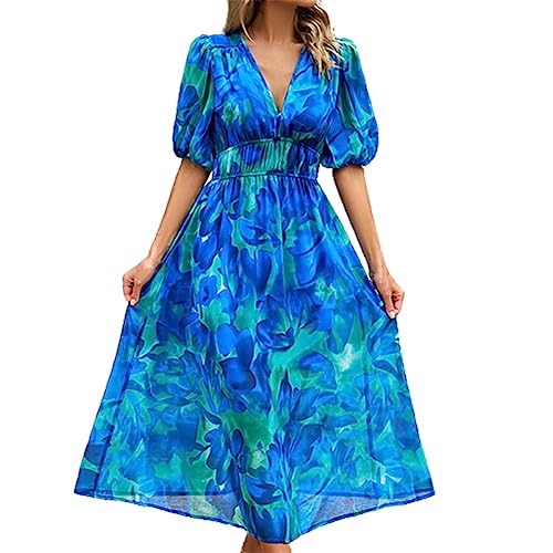 Damen Kleider Elegant, Bedruckte Sommerkleid Damen Midi, Mode Etuikleid Damen Strandkleid V-Ausschnitt Boho Kleid Damen Lang A-Linien Kleid Trendy Freizeit Kleid Swing Kleider Women von LOIJMK