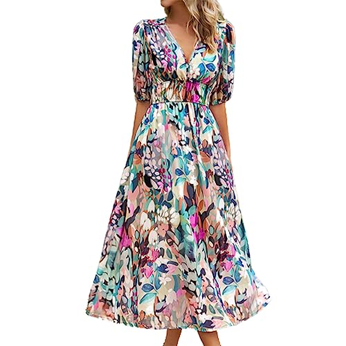 Damen Kleider Elegant, Bedruckte Sommerkleid Damen Midi, Mode Etuikleid Damen Strandkleid V-Ausschnitt Boho Kleid Damen Lang A-Linien Kleid Trendy Freizeit Kleid Swing Kleider Women von LOIJMK