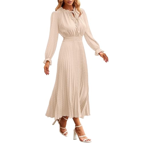 Damen Kleider Sommer, Strandkleider Damen Plissee A-Linien Kleid Elegante Langarm Kleid Damen Strandkleider Funky Kleid Damen Lang Sommerkleid Falten Damenkleider Lounge Swing Kleider von LOIJMK