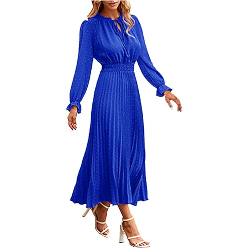 Damen Kleider Sommer, Strandkleider Damen Plissee A-Linien Kleid Elegante Langarm Kleid Damen Strandkleider Funky Kleid Damen Lang Sommerkleid Falten Damenkleider Lounge Swing Kleider von LOIJMK