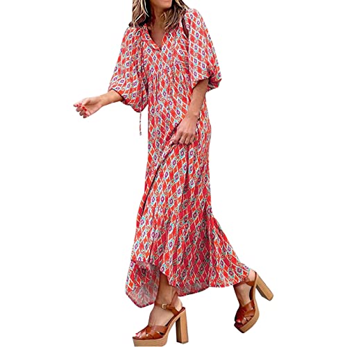 Damen Kleider Sommer 3/4 Ärmel, Maxi Kleider für Damen, Patchwork Swing Kleider Damen Locker Kleider Bedruckte Sommerkleid Damen Leicht Maxikleider V-Ausschnitt Boho Kleid Damen Lang von LOIJMK