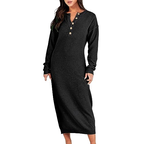 Damen Strickkleid Herbst Pulli Kleid Lang Elegante Pulloverkleid Longpullover Winter Strick Frauen Langarm Jerseykleid mit Knöpfen Mode Langarmkleid Damenkleider Locker Kleider von LOIJMK