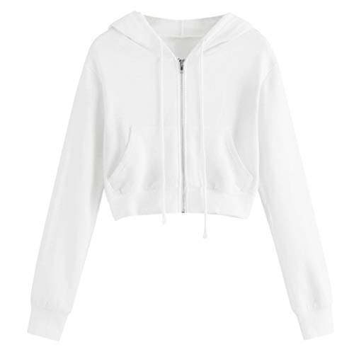 Damen Sweatjacke Weiss Kurz Leichte Jacke Sommer Dünn Kapuze Baumwolle Sweatshirt-Jacke Mit Reißverschluss Einfarbig Kapuzenjacke Loose Freizeitjacke,Herbst-Übergangsjacken,Schulterjacke von LOIJMK