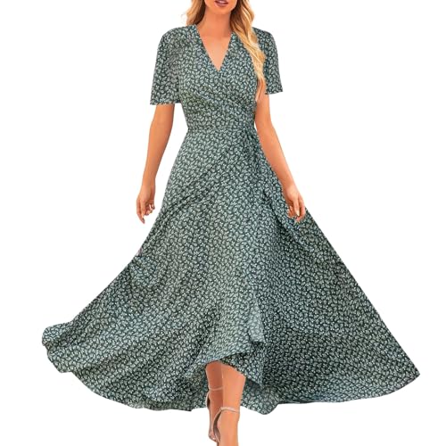 Damen V-Ausschnitt Lang Kleid Sommer-Strand-Wickelkleid Bedruckte Böhmisch Kleid Swing Kleider Damen Strandkleider für Frauen Trendy Strandurlaub Freizeit Kleid A-Linien Kleid Damenkleider von LOIJMK
