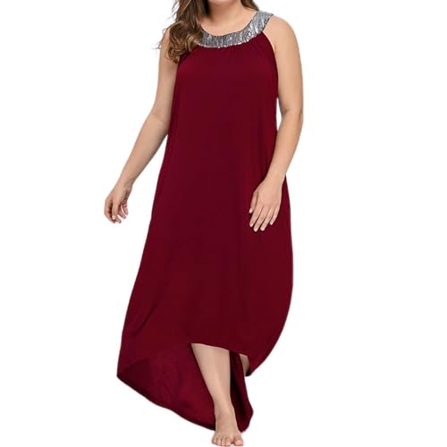 Frauen Plus Größe Täglich Sommer Lässig Elegant Formales Kleid Rundhalsausschnitt Pailletten Ärmellos Perlenkragen Festes Partykleid Kleid Spitze Schwarz (Wine, XXXL) von LOIJMK