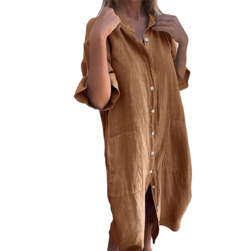 Halbarm Damen-Hemdkleid mit Stehkragen Sommerkleid Damen Lang Shirt Dress Lockere Knopfkleid Freizeit Kleid Trendy Strandkleid Damen Sommer Strandkleid Damen Große Größen Blusenkleid von LOIJMK