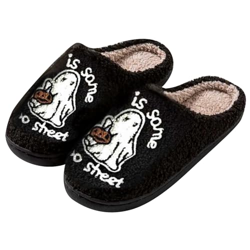 Halloween Pantoletten Damen Plüsch Warme Hausschuhe Filzpantoffeln Slippers Schlappen Winter Gefütterte Hauspantoffeln Hausschlappen Lustig Puschen rutschfeste Hüttenschuhe Filzhausschuhe von LOIJMK