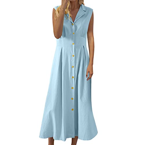Hemdkleid Damen - Baumwolle und Leinen, Funky Knopfkleid Maxi Kleider für Damen Vintage A Linien Kleid Ärmellos Sommerkleid Damen Midi Button Down Freizeit Kleid Swing Kleider Böhmisch Kleid von LOIJMK
