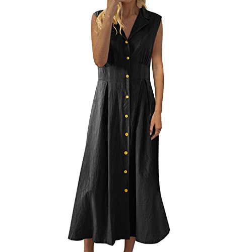 Hemdkleid Damen - Baumwolle und Leinen, Funky Knopfkleid Maxi Kleider für Damen Vintage A Linien Kleid Ärmellos Sommerkleid Damen Midi Button Down Freizeit Kleid Swing Kleider Böhmisch Kleid von LOIJMK