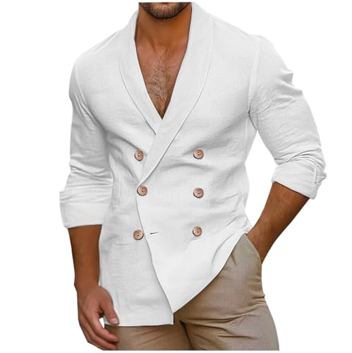 Herren Freizeitjacke Baumwolle - Sakko Sportlich Leicht V-Ausschnitt Freizeitanzug Zweireihig Büro Jacken 3/4 Ärmel Übergangsjacke Strandmantel Einfarbig Outdoorjacke Atmungsaktiv Strandtunika von LOIJMK