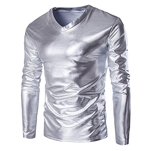 Herren Glänzend Metallic Pullover Slim Langarm Shirts Trendy Reflektierend Langarmshirts Pulli Mode Sweatshirt Oberteil Männer Tshirt Bluse Schlanke Top für Club Rock Hip Hop Disco Party von LOIJMK