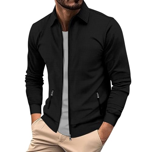 Herren Sweatjacke Ohne Kapuze Baumwolle - Leichte Übergangsjacke Mit Reißverschluss Bomberjacke Polo-Kragen Freizeitjacke Waffel-Outdoorjacke Laufjacke Langarm Sportjacke Fliegerjacke von LOIJMK