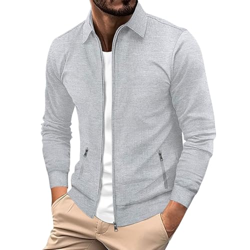Herren Sweatjacke Ohne Kapuze Baumwolle - Leichte Übergangsjacke Mit Reißverschluss Bomberjacke Polo-Kragen Freizeitjacke Waffel-Outdoorjacke Laufjacke Langarm Sportjacke Fliegerjacke von LOIJMK