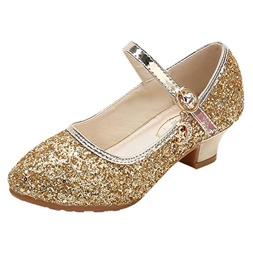 Kinderschuhe High Heels Mädchen Prinzessin Einzelschuhe Abendschuhe Leistungsschuhe Kinder Kristallschuhe Hallenschuhe Glatte Sohle Kinder (Z0A-Gold, 30 Little Child) von LOIJMK