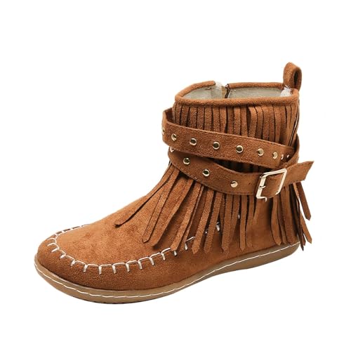 LOIJMK , einfarbig, kurze Stiefel, PU-Kurzstiefel, Quasten-Rückenabsatz, kurzer Absatz, Mittelkalb-Stiefel Trachten Damen Schuhe (Brown, 37) von LOIJMK