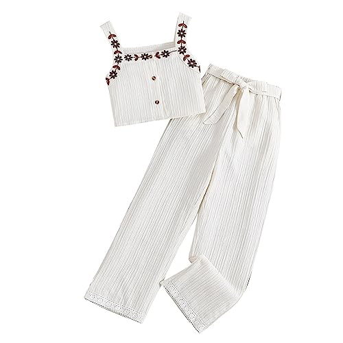 LOIJMK 2 Set Kleinkind Mädchen Blumen Ärmelloses Tank Top Hosenanzug für 8 bis 12 Jahre Jogginganzug Mädchen (White, 11-12 Years) von LOIJMK