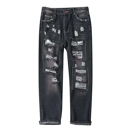 LOIJMK Boyfriend-Jeans für Damen, Dehnbare, zerrissene Distressed-Denim-Hose Damen Hosen Stretch Große Größen (Black, XXXL) von LOIJMK