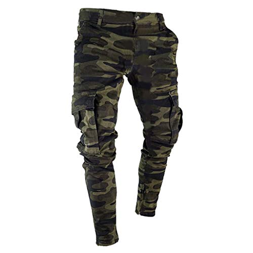 LOIJMK Camouflage Hose Herren Jeans, Plissee Freizeithose Herren Lang, Falten Tarnhose Herren Arbeitshose Slim Casual Tarnung Kleine Füße Hose Männer Trainingshose Jogginghose Funky Armee Hose von LOIJMK