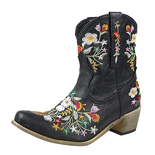 LOIJMK Cowboy Stiefeletten Damen Vintage Lederstiefel Mit Blumen Cowboystiefel Damenstiefel Motorrad Biker Boots Westernstiefel Reitstiefel Arbeitsschuhe Schlupfstiefel Herbst Winter Kurzstiefel von LOIJMK