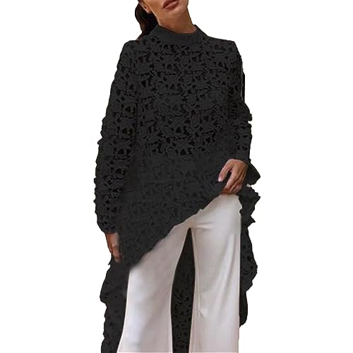 LOIJMK Damen-Bluse mit Langen Ärmeln, Rundhalsausschnitt, hohem und niedrigem, asymmetrischem, unregelmäßigem Saum Bluse Camouflage Damen (Black, XL) von LOIJMK