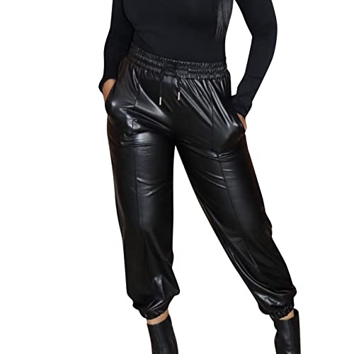 Damen Freizeithosen Lederhose PU Leder Hosen Kunstlederhose Casual Einfarbig Leder Leggings mit Taschen und Verstellbarem Kordelzug Damenhose Temperament Streetwear Tourenhose Jogginghose von LOIJMK