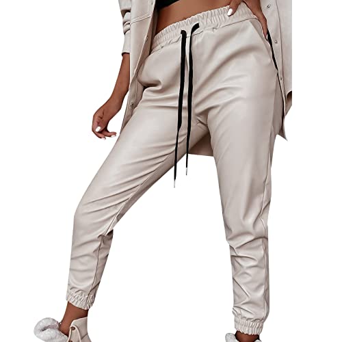 Damen Freizeithosen Lederhose PU Leder Hosen Kunstlederhose Casual Einfarbig Leder Leggings mit Taschen und Verstellbarem Kordelzug Damenhose Temperament Streetwear Tourenhose Jogginghose von LOIJMK