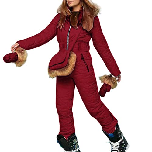 LOIJMK Damen Schneeoverall - Damen Schneeanzug + Skihandschuhe + Gürteltasche 3 teilig Skianzug Winter Warme Jumpsuit Schneeoverall Einteilig Skioverall mit Kapuze Reißverschluss Skianzüge von LOIJMK