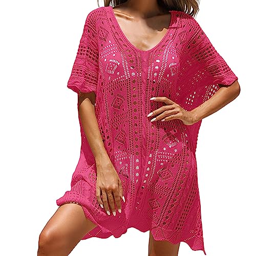 LOIJMK Damen Sexy Hollow Out Texture Deep V Loose Fitting Bikini Sun Beach Cover Körperkette Hüfte (Hot Pink, One Size) von LOIJMK