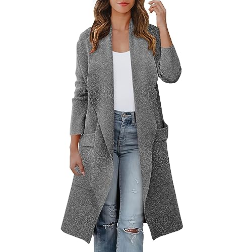 LOIJMK Damen Strickjacke Lang, Übergangsmantel Elegant Winter Blazer Mantel Einfarbig Cardigan Mit Taschen Offene Front Mantel Blazer Jacke Langarm Baumwolle Windjacke Damenmantel Winter-Jacke von LOIJMK