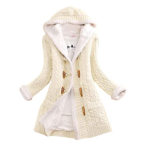 LOIJMK Damen Strickjacke Wollmantel Herbst Winter Warme Langarm Frau Jacken Winterjacke mit Fellkapuze Wintermantel Parka Jacke Einfarbig Cardigan Damen mit Taschen Outwear Teddy Fleecejacke von LOIJMK