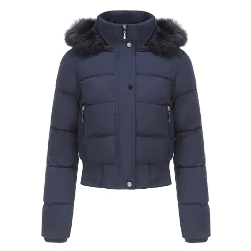 LOIJMK Damen Winterjacke Kurz, Steppjacke Mit Kapuze Übergangsjacke Warm Jacke Kurzmantel Baumwolle Kapuzenjacke Mit Fellkapuze Wintermantel Softshelljacke von LOIJMK