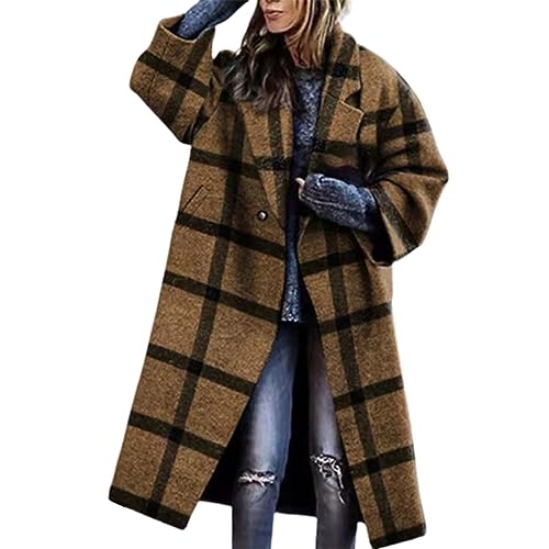 LOIJMK Damen Wollmantel Lang Kariert, Übergangsmantel Kariert Revers-Trenchcoat Klassische Wintermantel Langarm Warm Wolljacke Mode Wintermantel Elegant Grosse Grössen Winter Mantel Winterjacke von LOIJMK