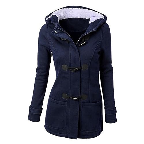 Damen Wollmantel Mit Kapuze, Wolljacke Lang Hornknöpfe-Winterjacke Grosse Grössen Fleecejacke Jacke Mit Taschen Leichte Wollmantel Stehkragen Outwear Warmer Parka Kapuzenjacke Übergangsjacke von LOIJMK