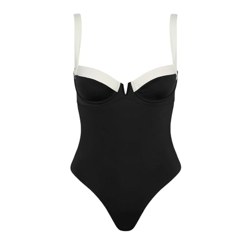 LOIJMK Frauen-Badeanzug-Bikini-Badebekleidungs-Strand-Frauen-einfarbiger Badeanzug-rückenfreier Badebekleidungs-Overall Schwimmanzug Wettkampf (Black, M) von LOIJMK