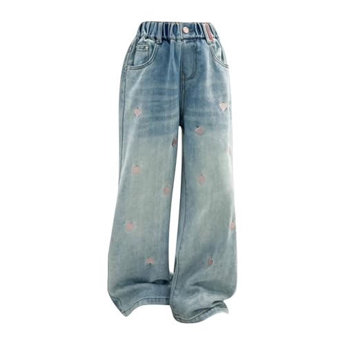 LOIJMK Große Kinder Mädchen Jeans mit elastischem Bund und weitem Bein, lässige Baggy-Hose aus Denim, Größe 5–14 T Shirt Gelb (Blue, 14-15 Years) von LOIJMK