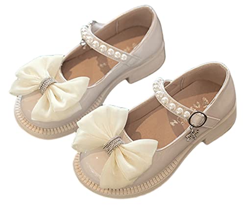 LOIJMK Kinder Baby Mädchen Lederschuhe Sommer Weichen Boden Perle Schleife Mit Kleid Prinzessin Schuhe Kleines Kind/Große Kinder Super Fit Sandale (Beige, 34 Big Kids) von LOIJMK
